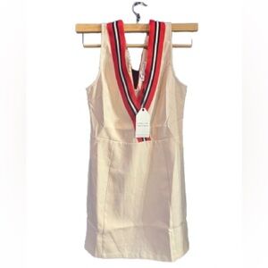 V-Neck Dress in Cream and Red. Size Small